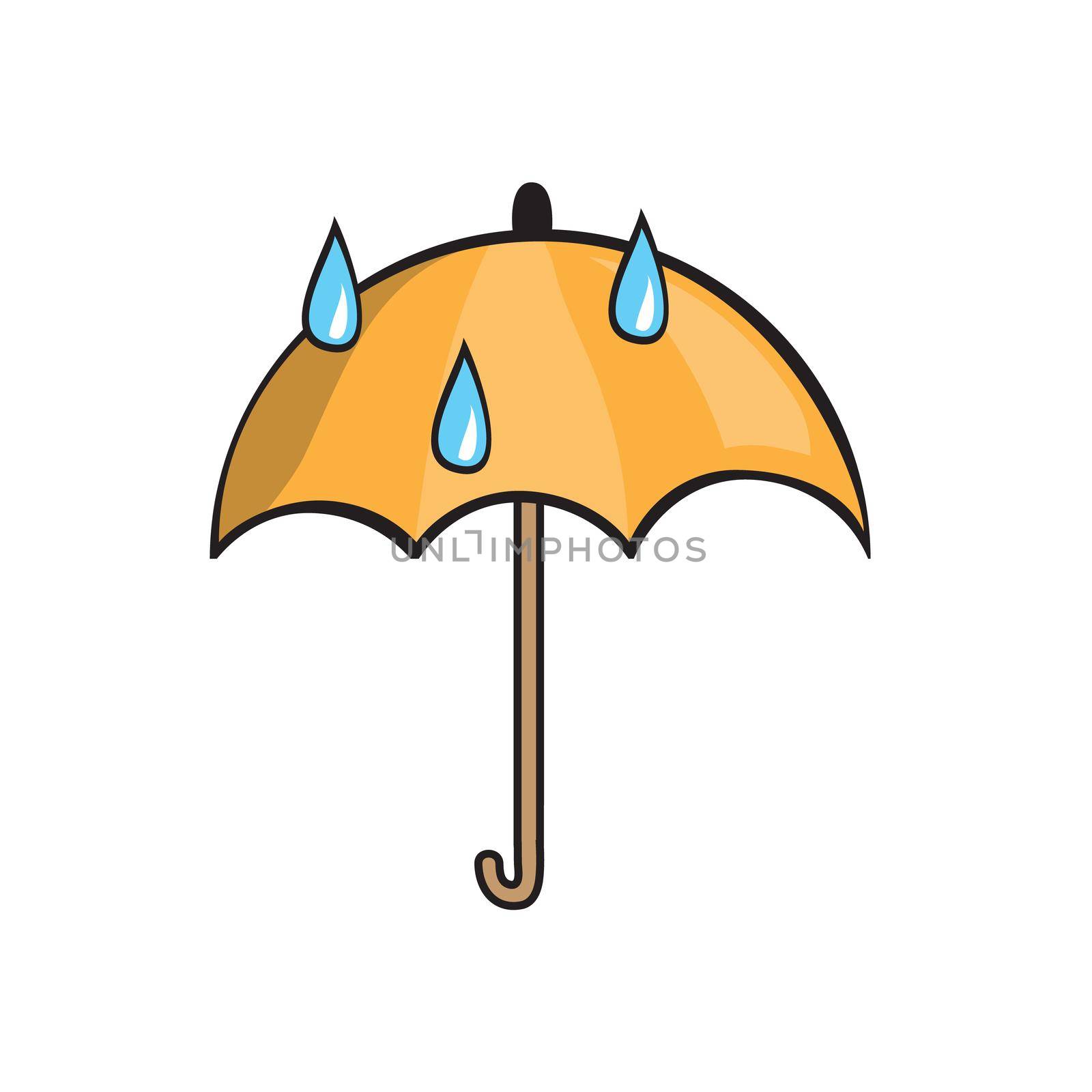 Yellow umbrella and rain drops icon. Yellow umbrella isolated on white background. Umbrella in cartoon style