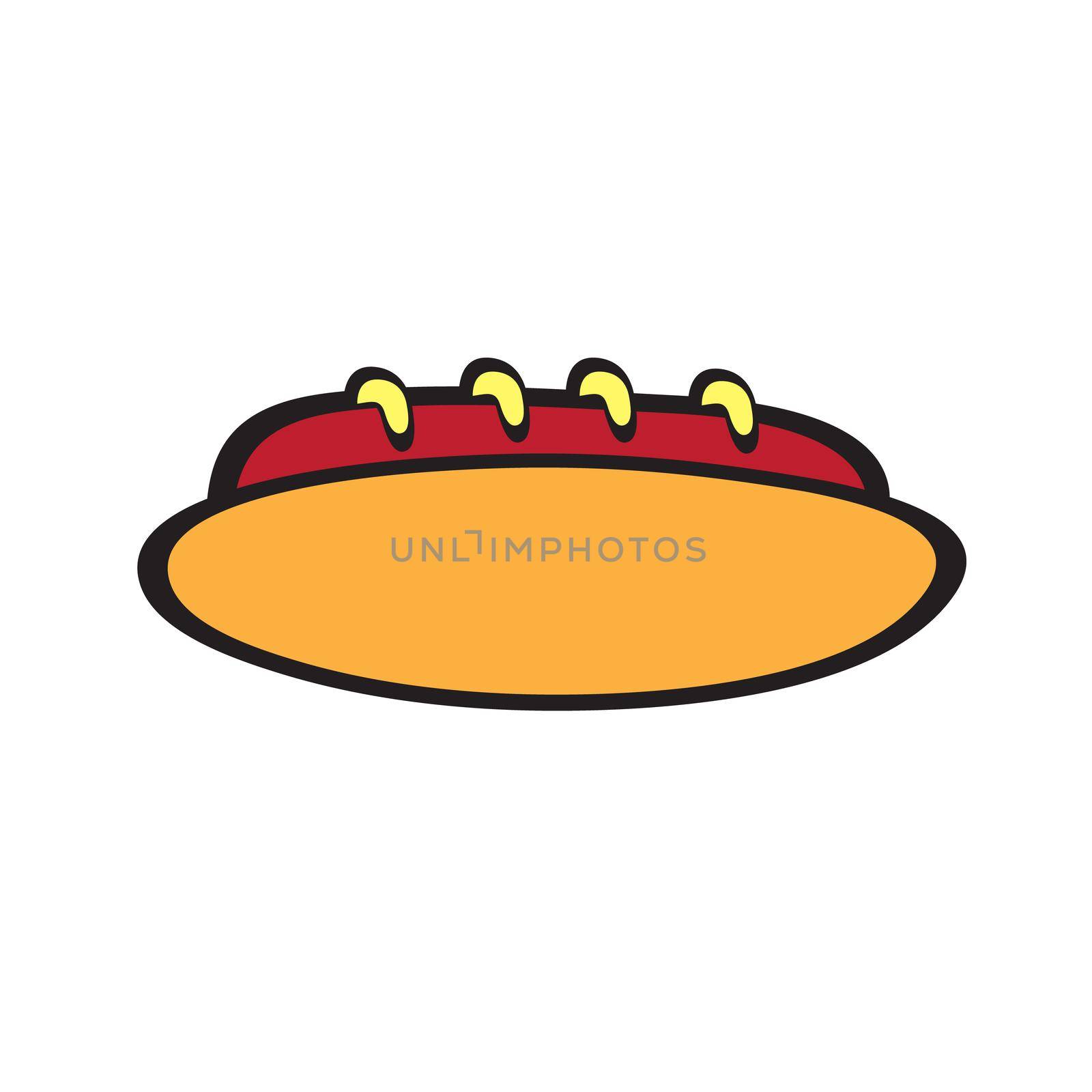 Hot dog vector illustration with mustard in flat cartoon style. American fast food. Simple illustration for design fast food menu. Isolated icon