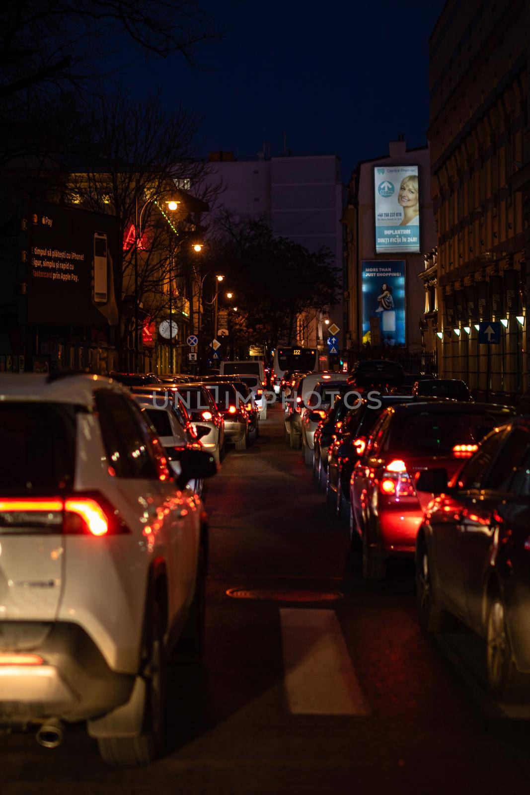 Car traffic, pollution, traffic jam in the morning and evening in the capital city of Bucharest, Romania, 2022