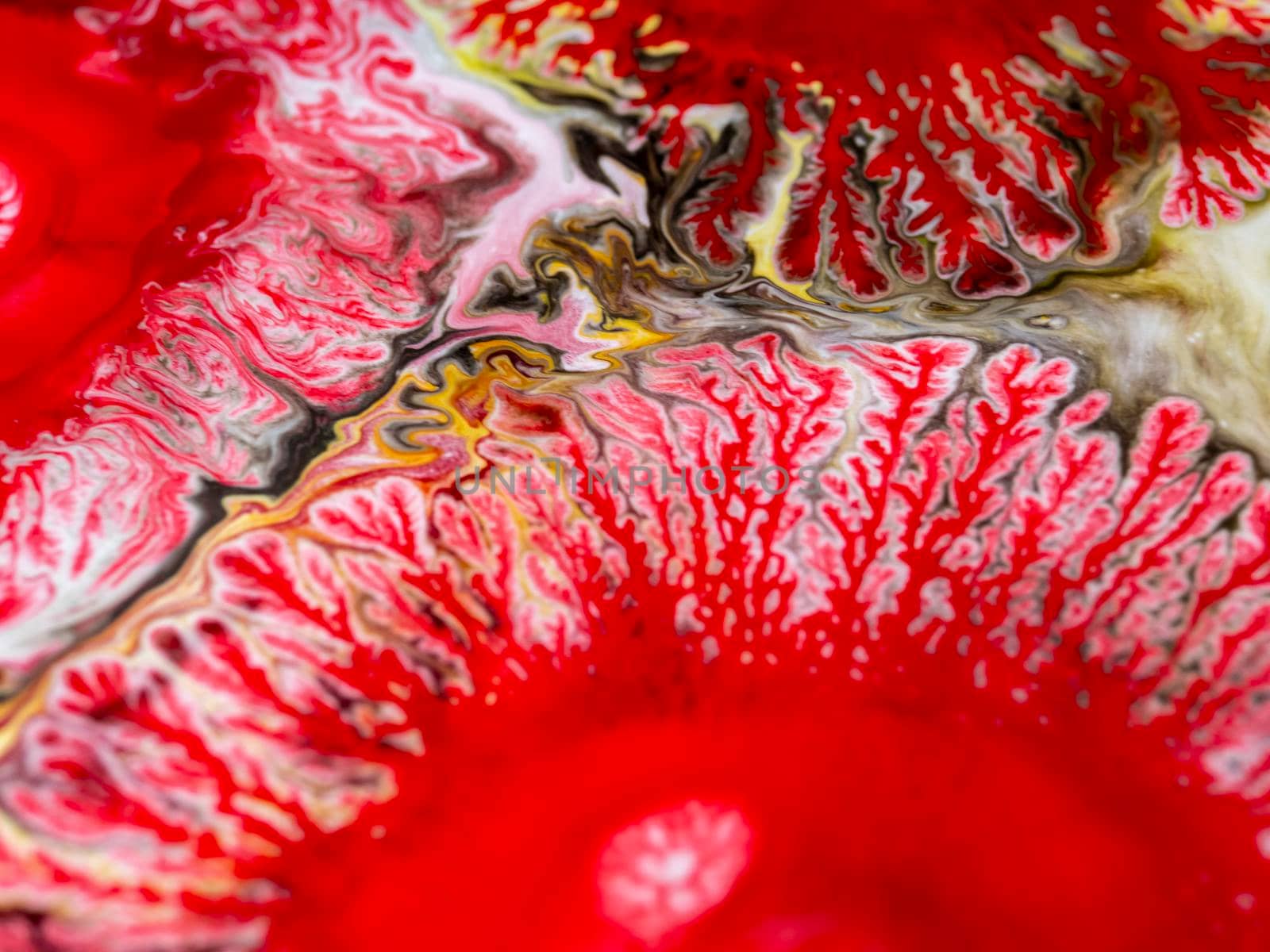 Unique germination of red threads of paint from a spot on a multicolored background. Abstract textural art. Liquid forms of design. Unique image, picture, photo, background.