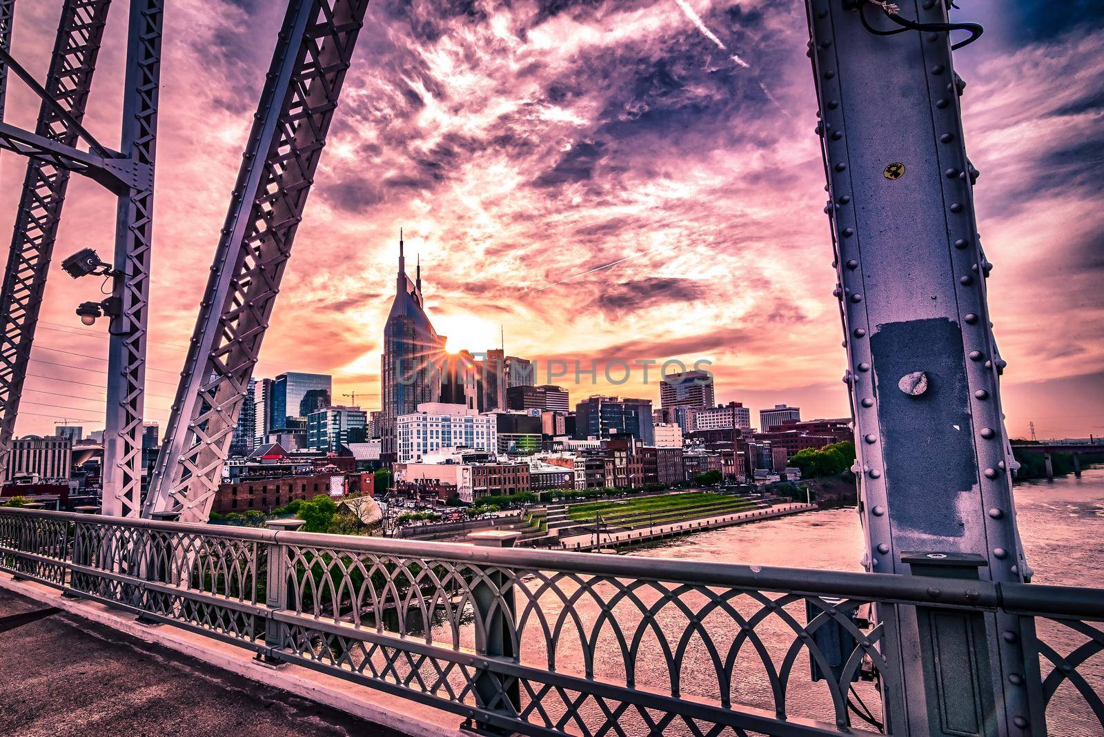 Nashville tennessee city skyline at sunset on the waterfrom