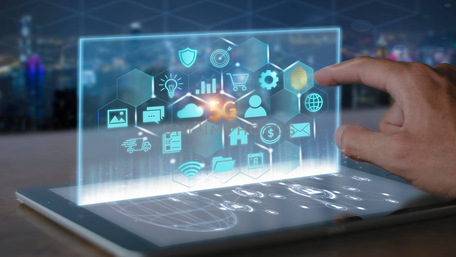 Man hand use finger touch fingerprint connect to screen Digital transformation, new technology and business process strategy, automate operation, customer service management, social network 5G