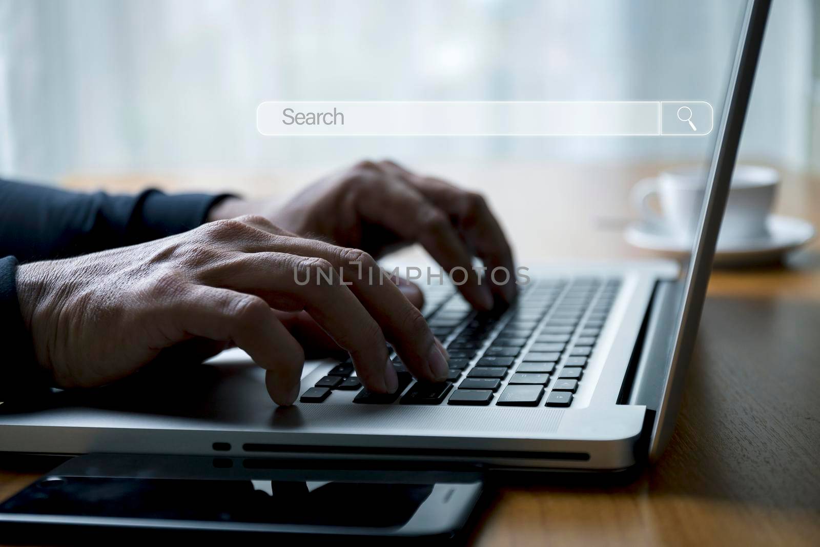 Man hand use laptop search bar connect to social media and social network Online marketing concept, new technology and business process strategy, automate operation