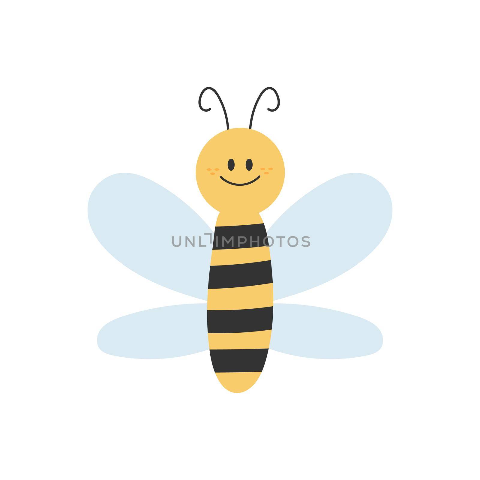 Lovely simple design of a cartoon yellow and black bee on a white background. Hand drawn style