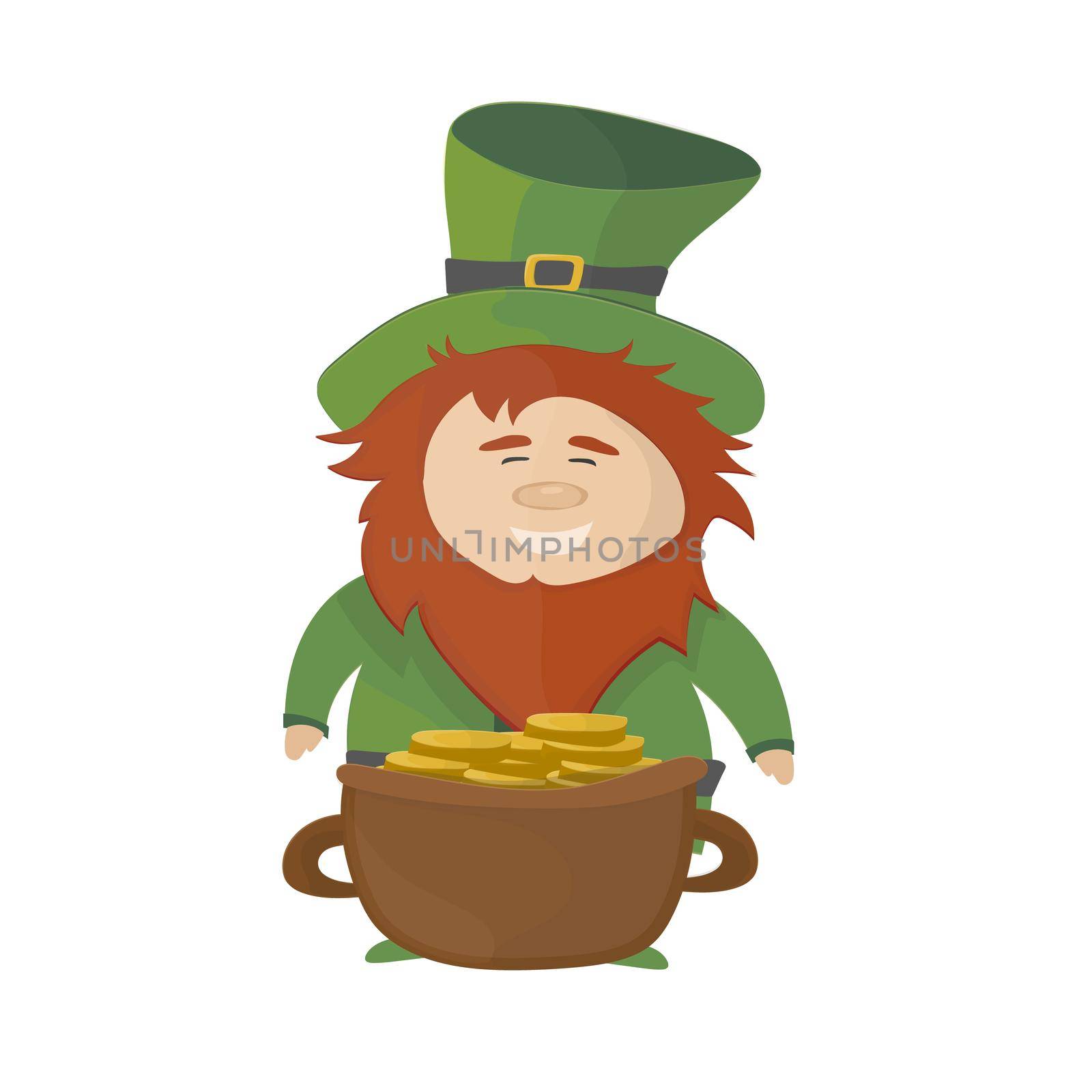 Cartoon Leprechaun - St Patricks Day character with a pot of gold. Traditional Irish holiday character on white background. Saint Patricks Day