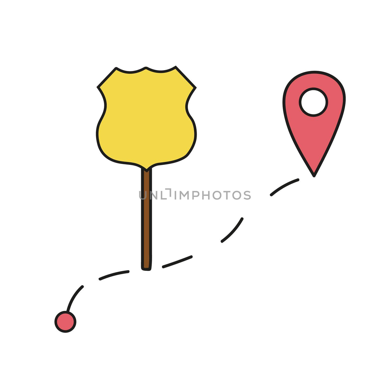 Simple icon. Path and route with location point and highway sign. Simple hand drawn icon isolated on white background