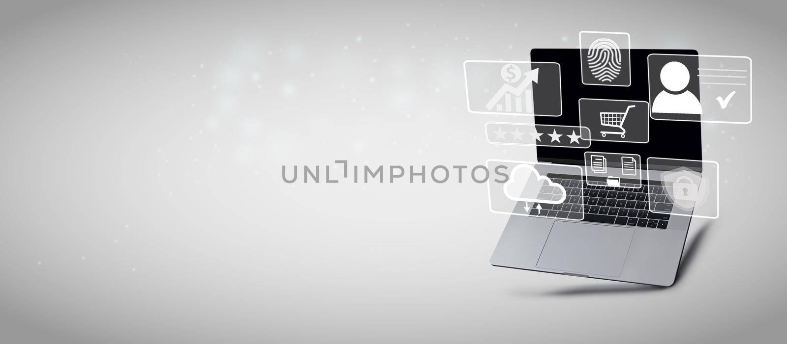 Laptop with social media, social network graphic on gray background with copy space banner mockup. Electronic ID card, stock market, online shopping, cloud, fingerprint, internet security