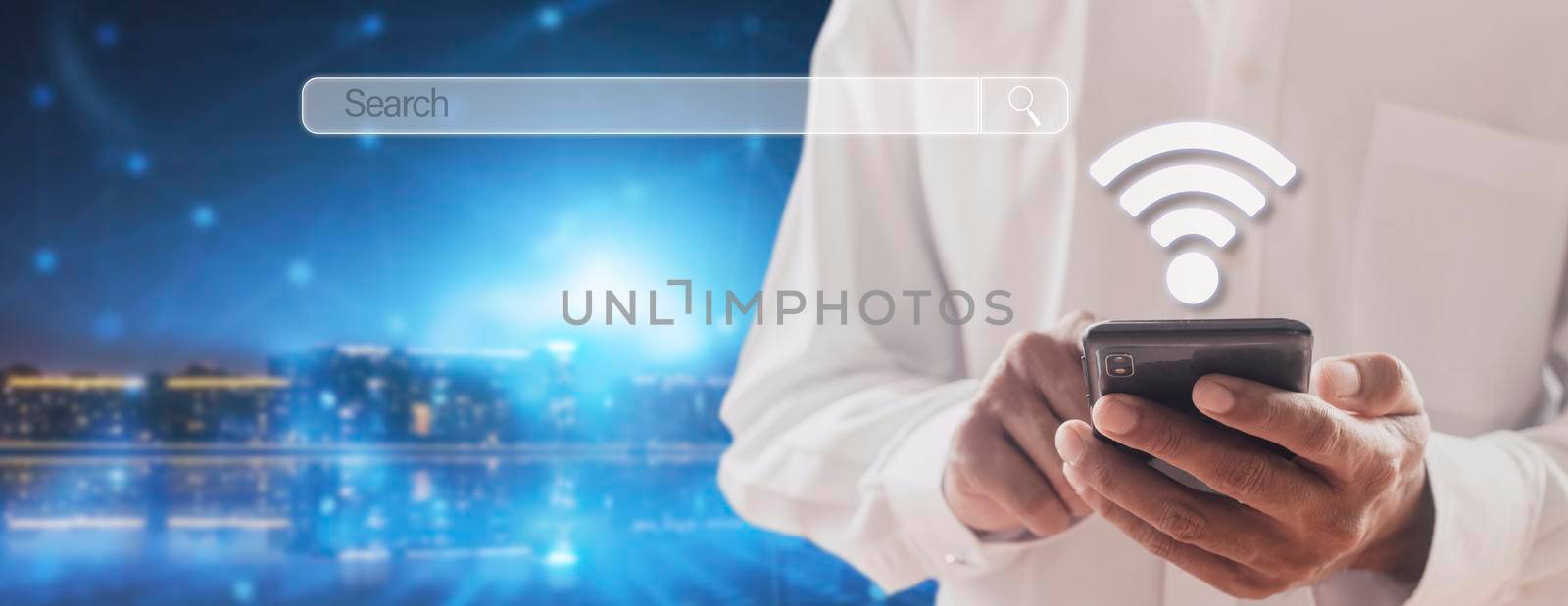 Hand man using mobile phone with search bar connect to social media, social network Online marketing concept Man hand holding smartphone with search bar Lifestyle business concept copy space banner