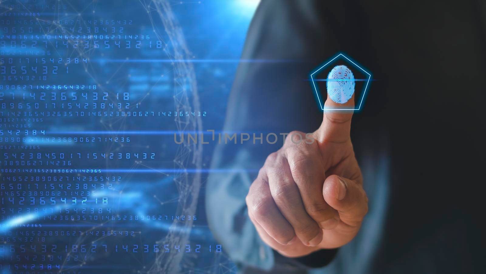 Businessman hand using fingerprint identification to access personal financial data, Fingerprint scan provides security access with biometrics identification. Business technology concept