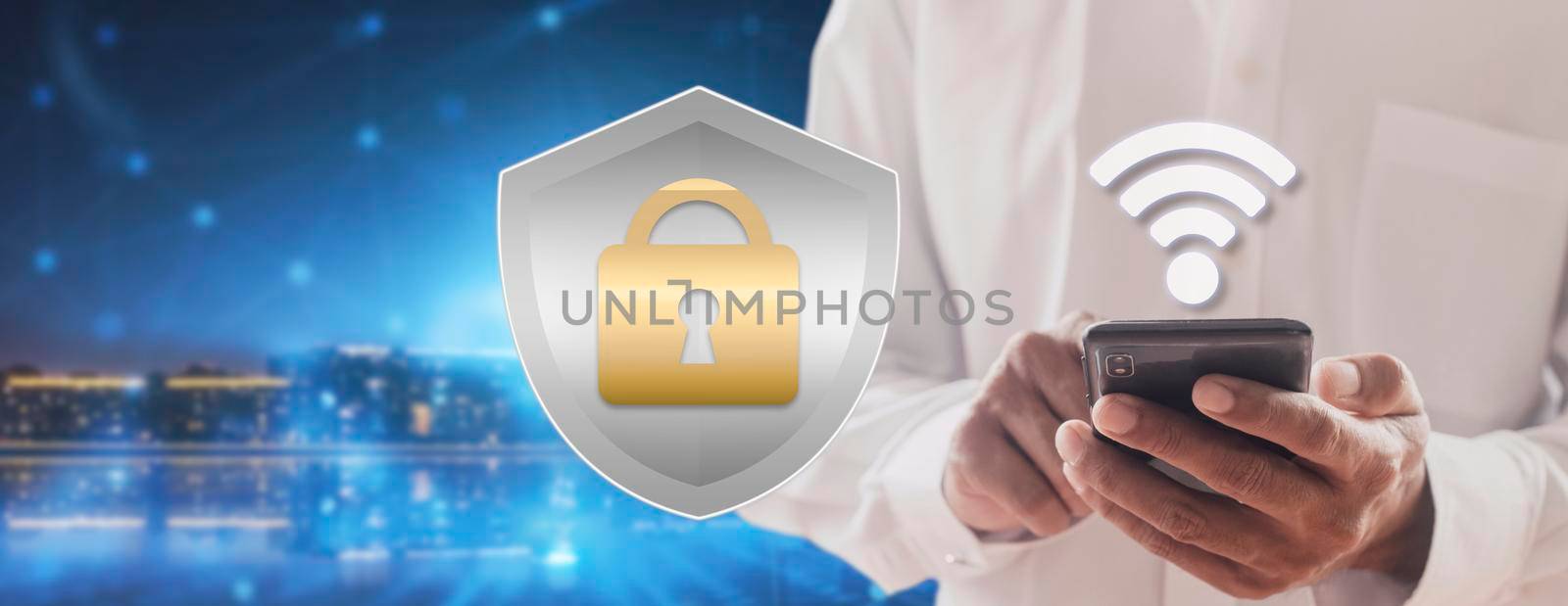 Businessman use smartphone contract to prevent probability of risks in cyber security and checking details in the phone. Padlock and shield hologram icons