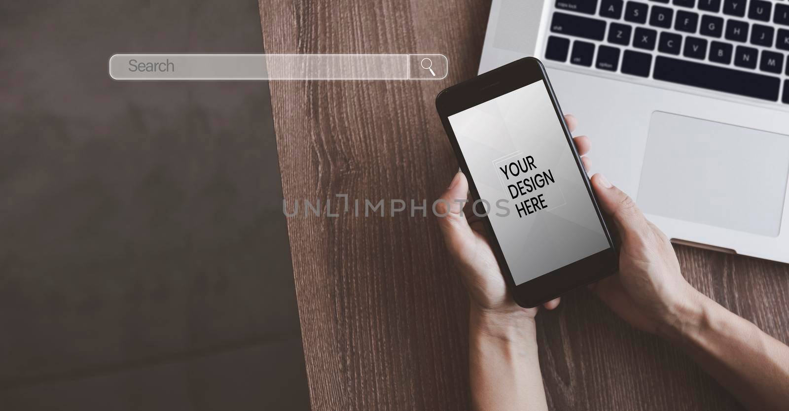 Top view women hands using mobile phone. Women hands use smart phone with search bar connect internet social media, social network application technology digital. clipping part copy space banner
