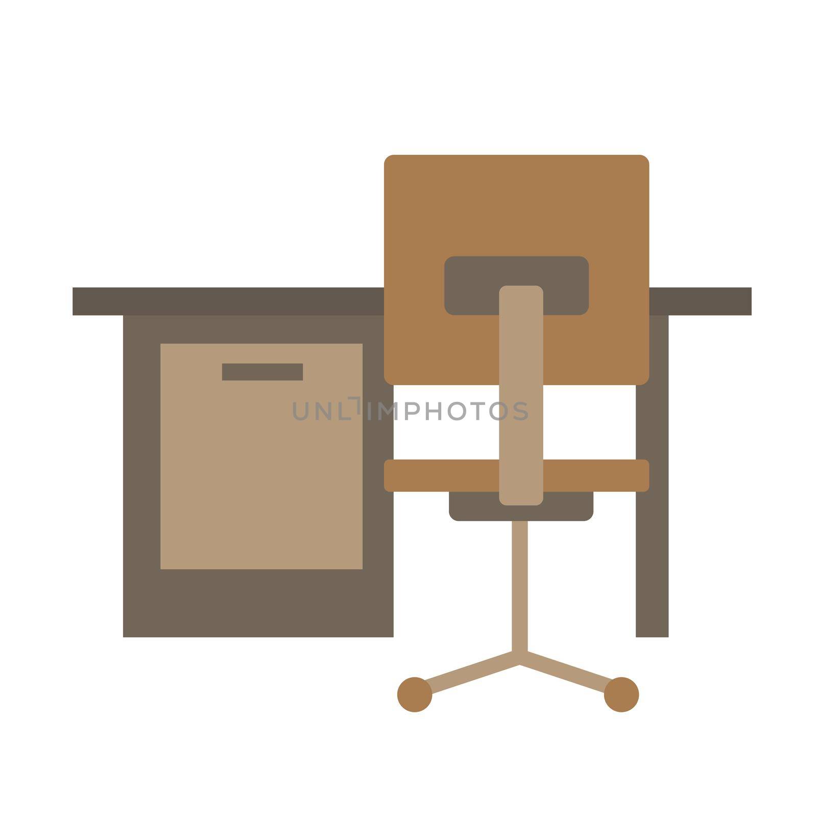 Office table and chair. Brown colors. Simple flat icon on white background.