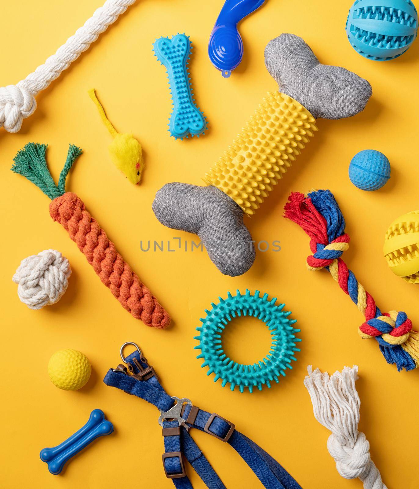 Pet care concept, various pet accessories and tools, toys, balls, brushes on yellow background, flat lay pattern