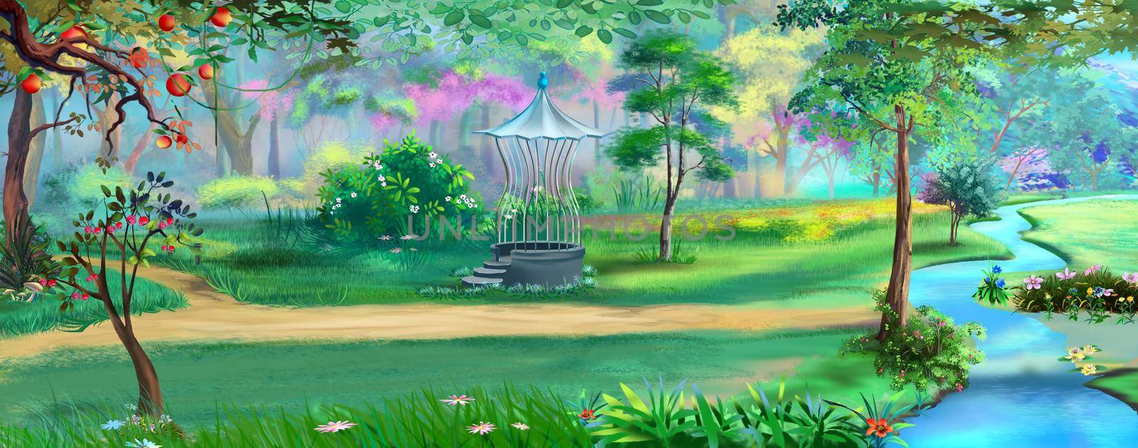 Pathway in a public or city park with bridge over a stream. Digital Painting Background, Illustration.