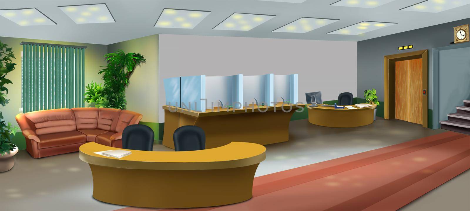 Bank office interior. Digital Painting Background, Illustration.