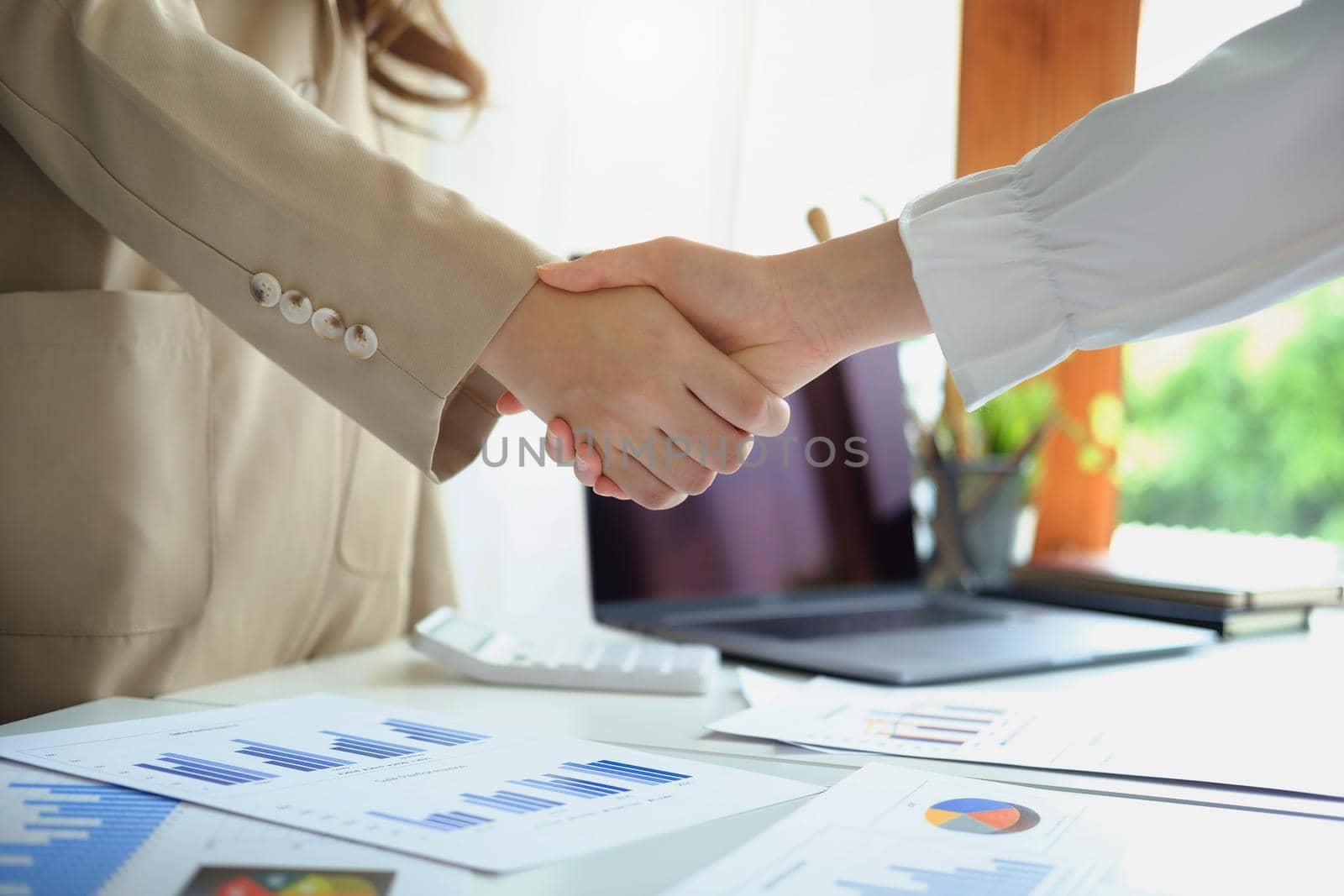 Young businesswoman collaborate with partners to increase their business investment network for Plans to improve quality next month in their office. agreement concept