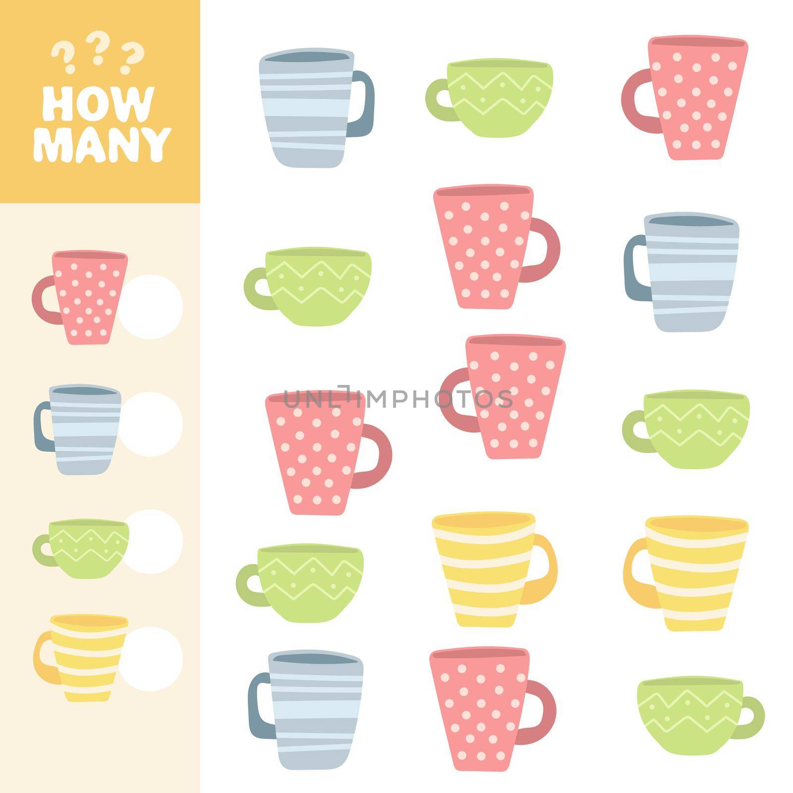 Counting game, how many Tea Cups. Educational children game, printable worksheet, vector illustration