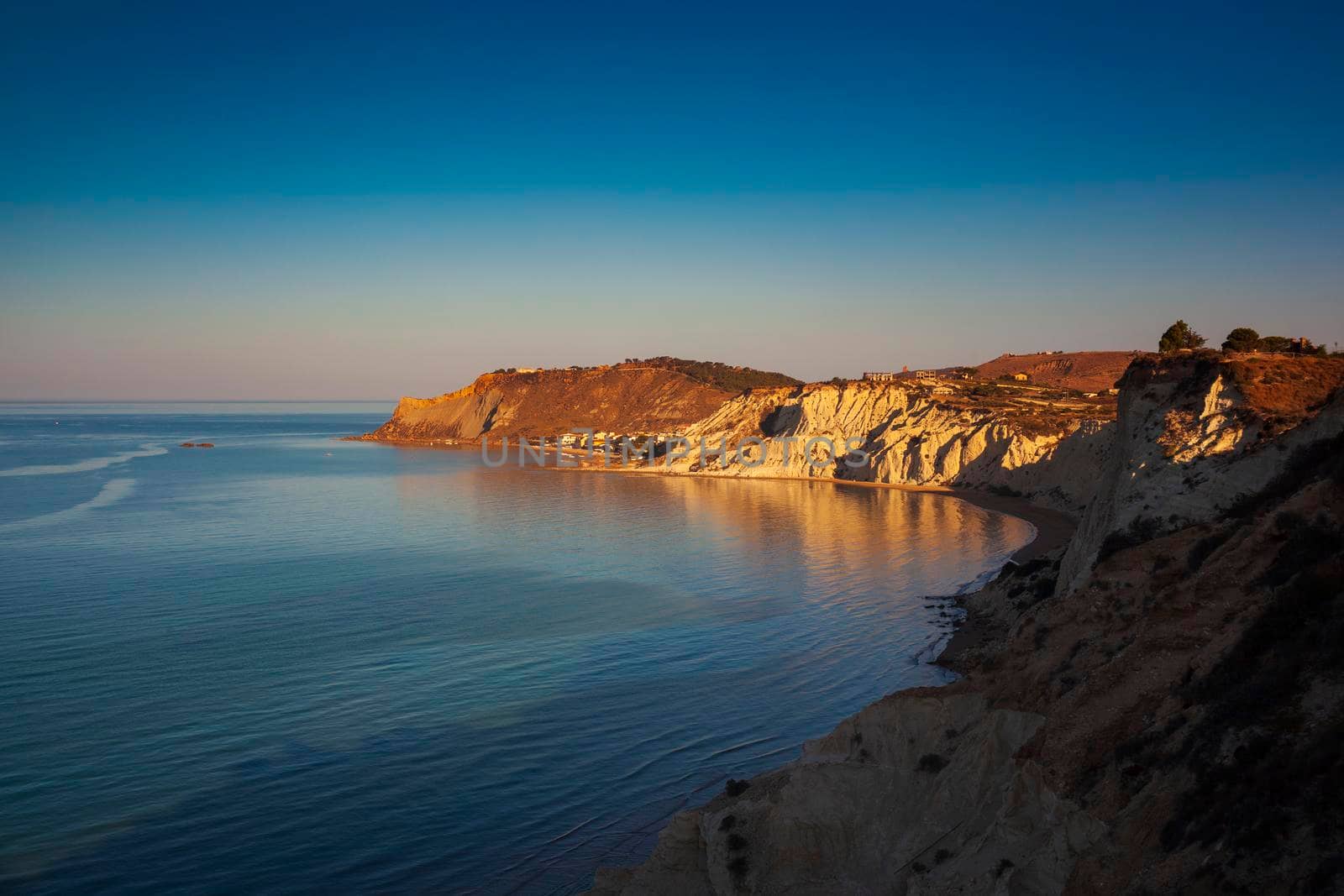 Top view of the coast with the limestone white cliffs near Realmonte in Agrigento province. Sicily, Italy