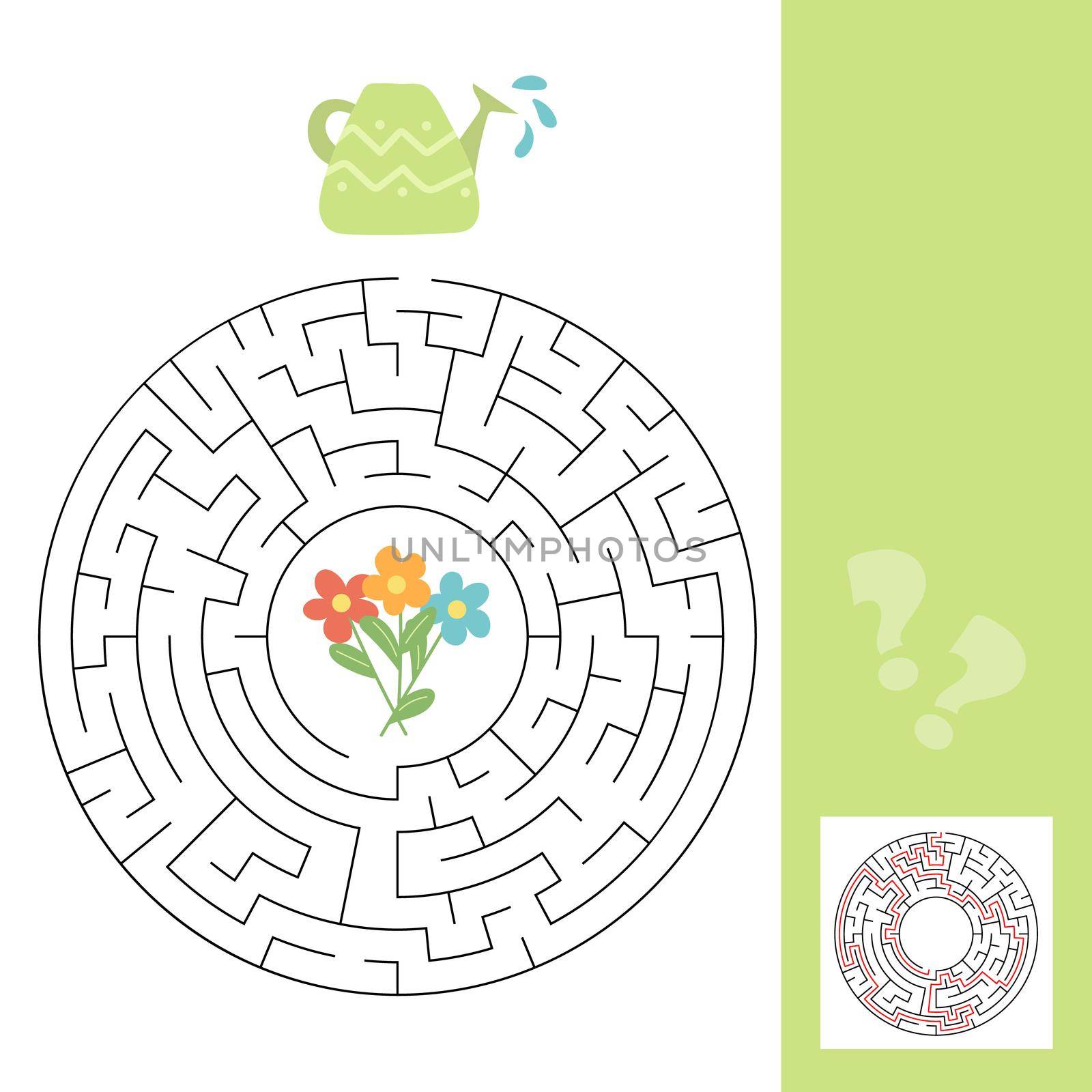 A puzzle game for kids. Go through the maze, watering can and flowers. Vector isolated on a white background. Labyrinth game with answer