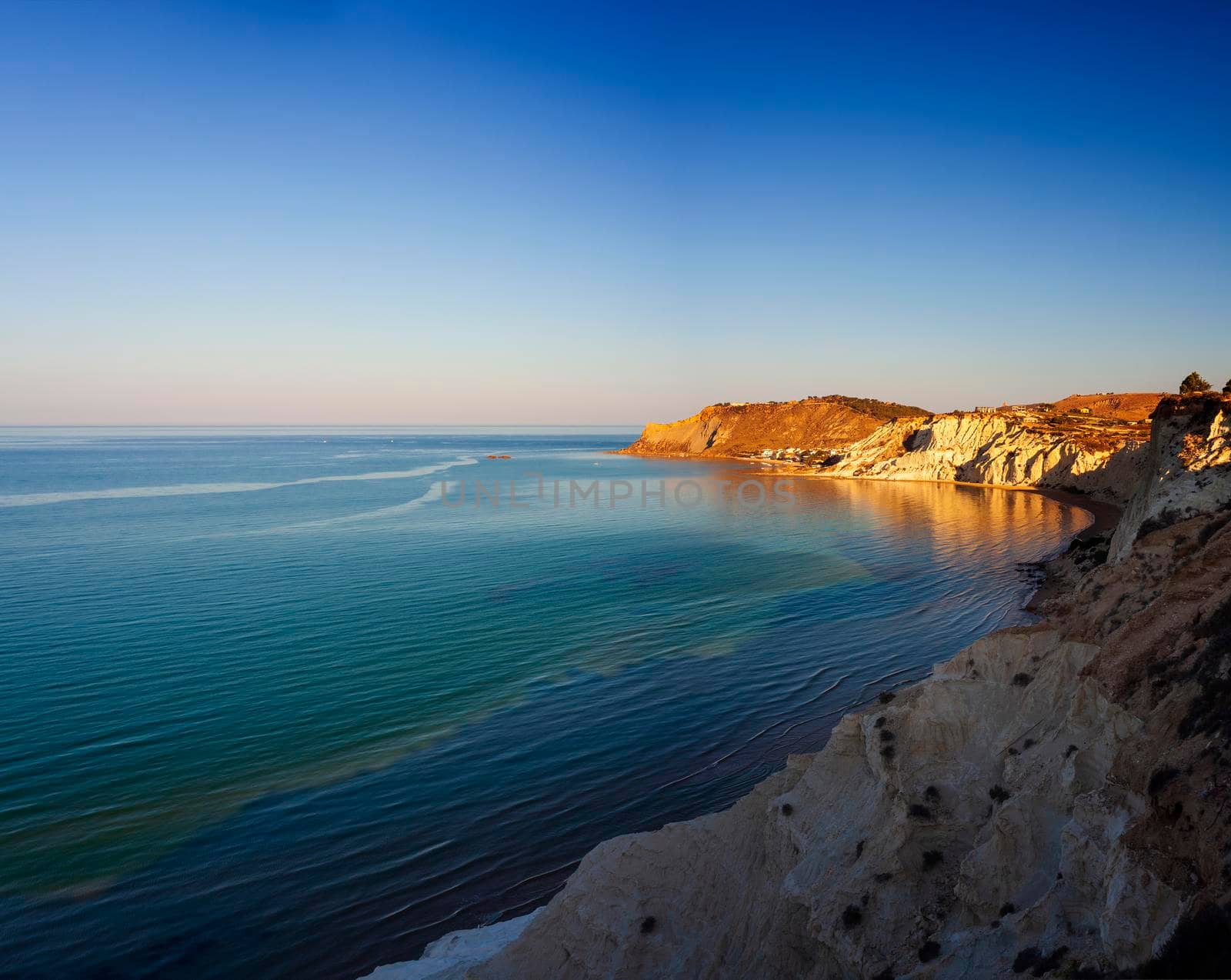 Top view of the coast with the limestone white cliffs near Realmonte in Agrigento province. Sicily, Italy