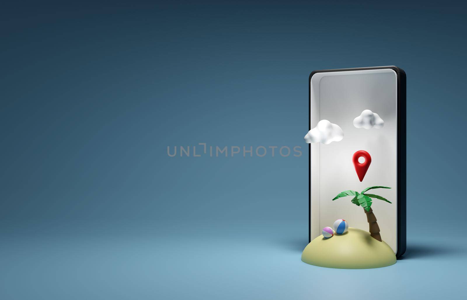 3D Map Location and Island and smartphone. Travel Summer 3D concept. 3D Render Illustrations