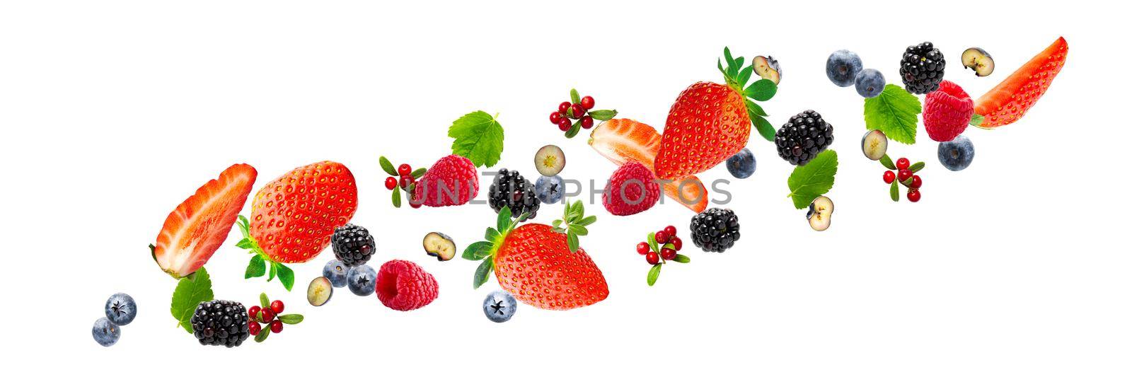 Summer Berries on white background. Strawberry, blueberry, raspberry, brumble. summer background by PhotoTime
