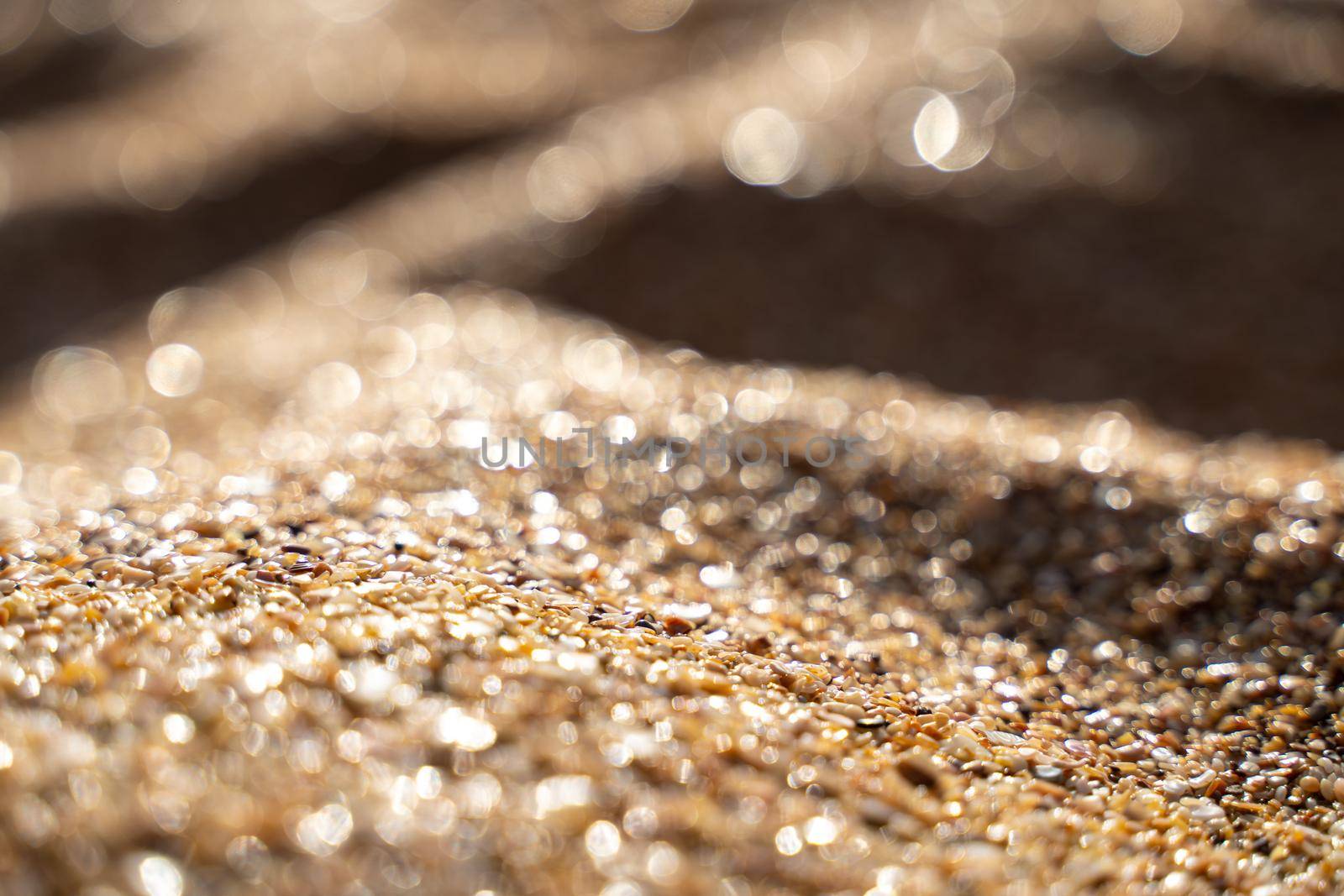 Golden sand on the coast at sunset with bokeh by Matiunina