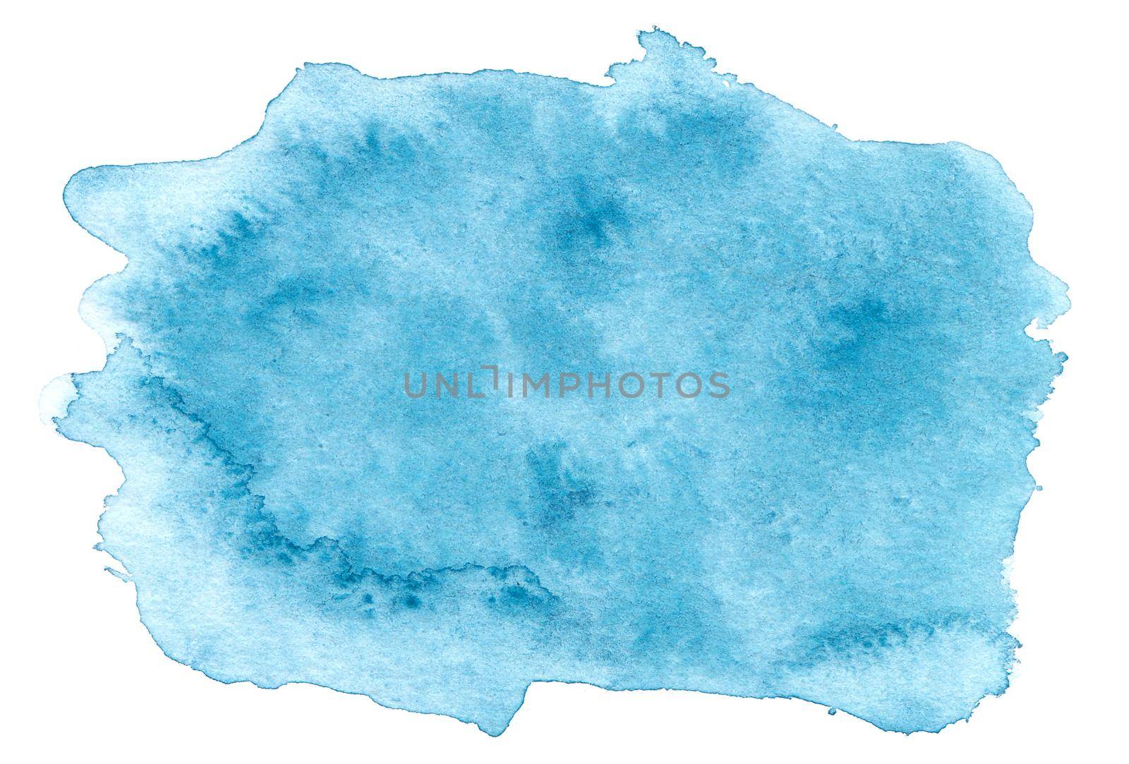Abstract blue watercolor splash texture isolated on white background. Bright baby blue paint stain drops. Abstract illustration, banner, poster for text, decoration element