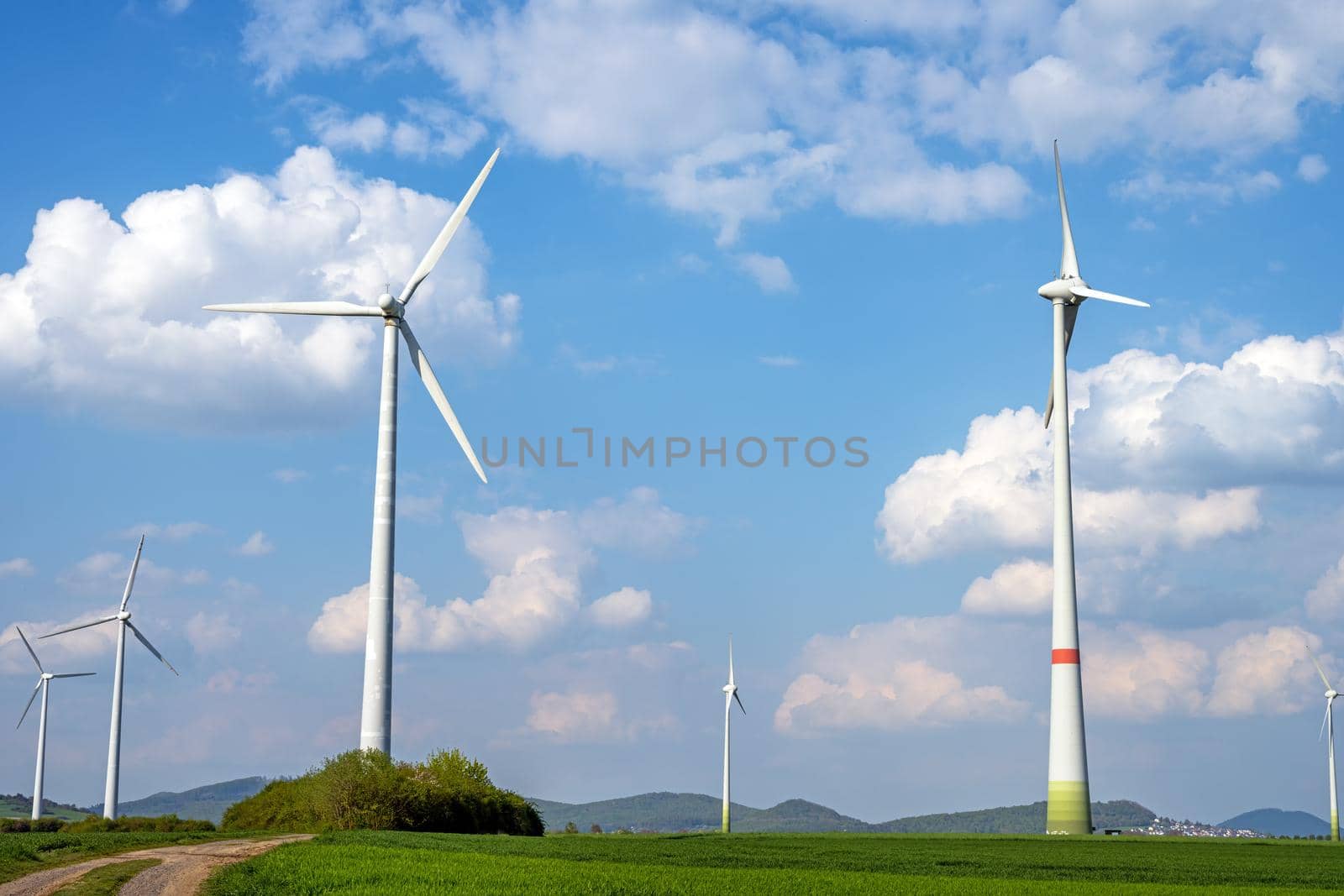 Wind energy turbines in a beautiful rural landscape in Germany