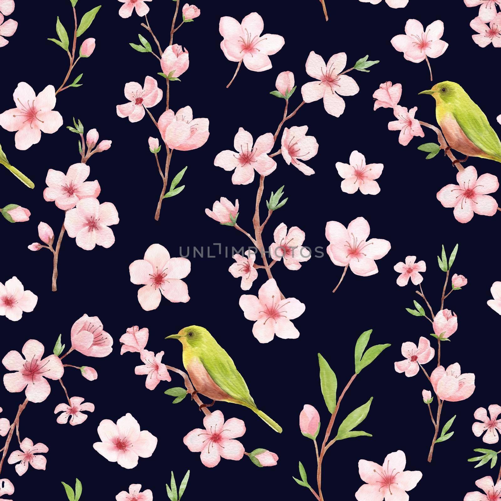 Branch of Cherry blossom watercolor seamless pattern on white backgraund. Japanese flowers and bird. Floral pink background by ElenaPlatova