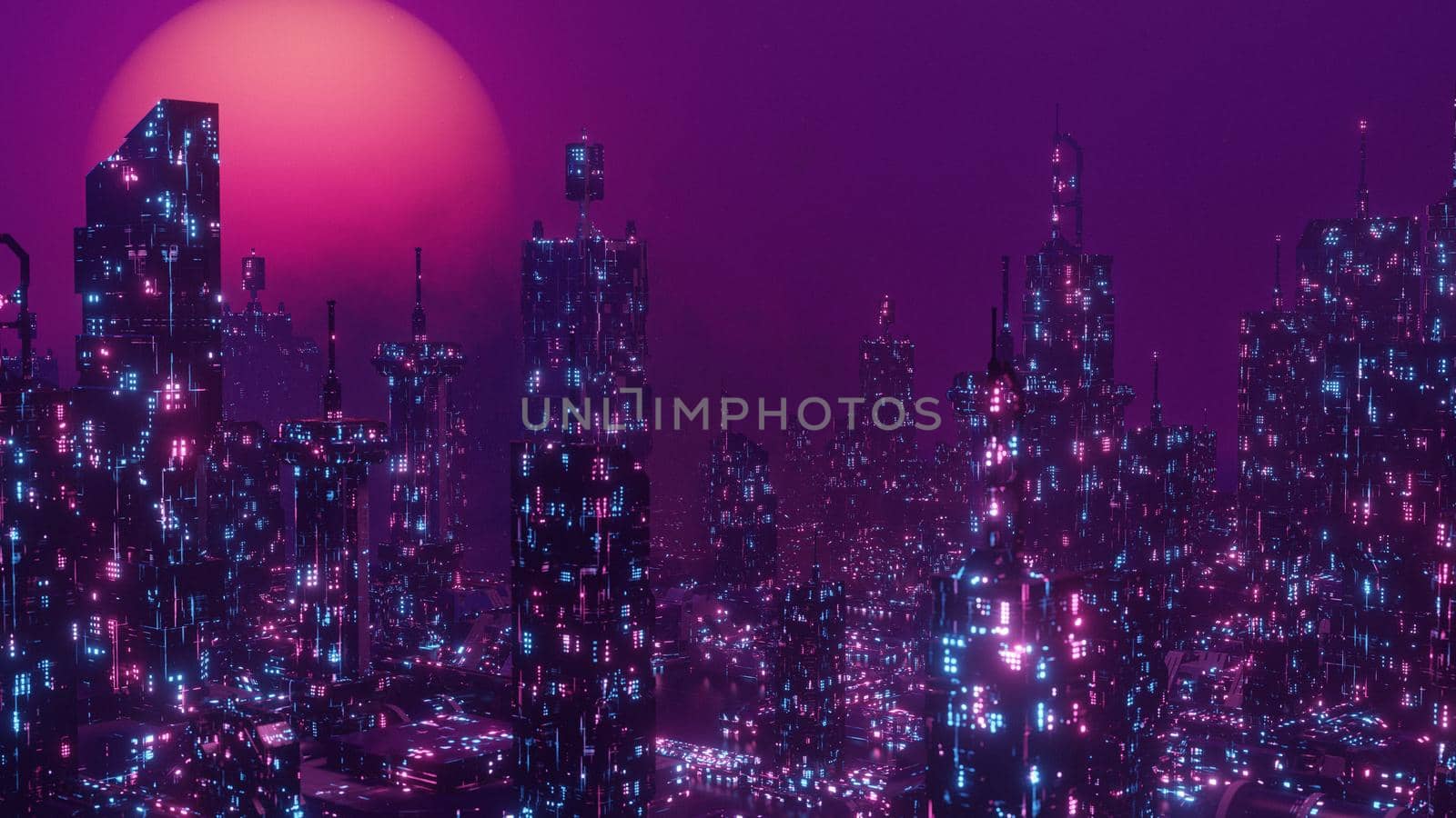 SciFi CityScape Night Scene Wonderful Neon City Wallpaper Background 3d Illustration by yay_lmrb