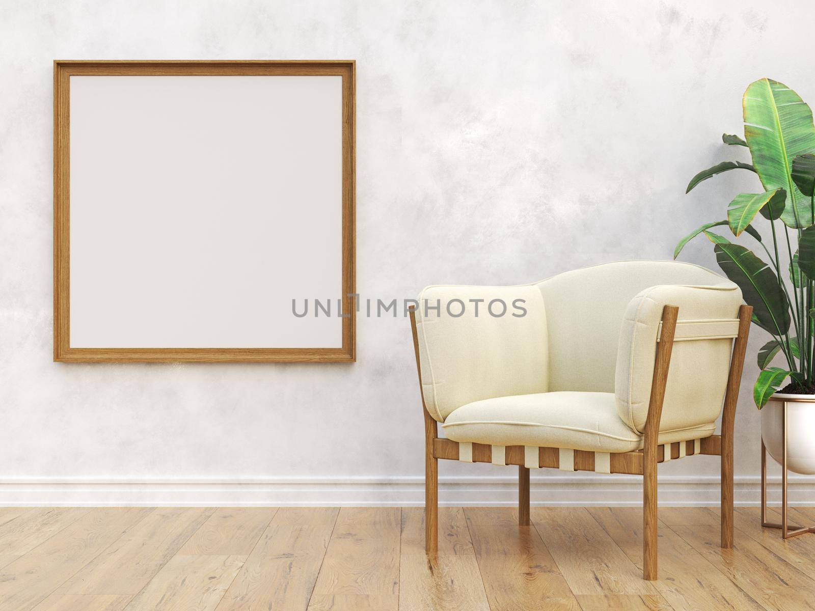 Mock up poster frames with armchair and big plant in modern interior background 3D render 3D illustration