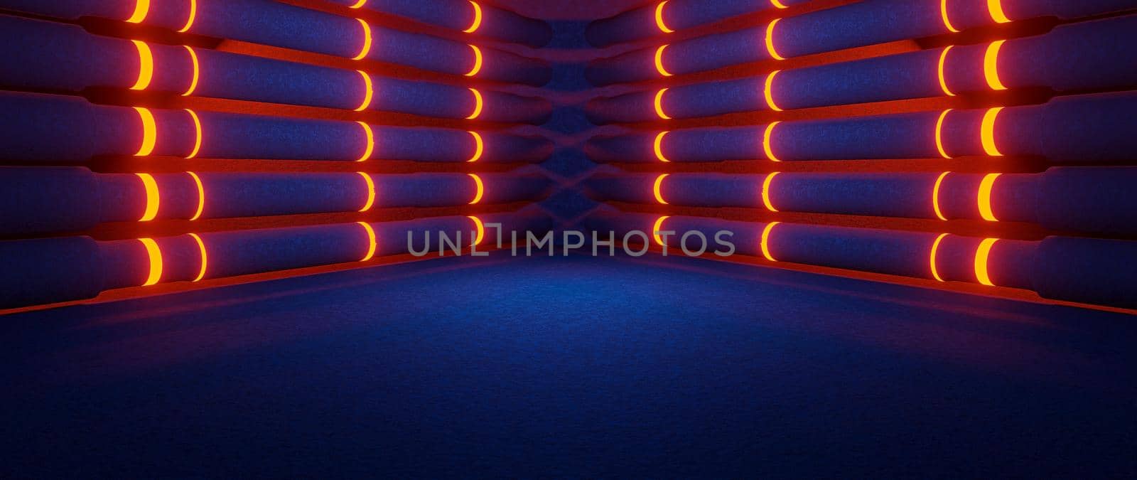 Futuristic Science Fiction Huge Virtual Showroom Club Hallway Brown or Gold Banner Background 3D Rendering by yay_lmrb