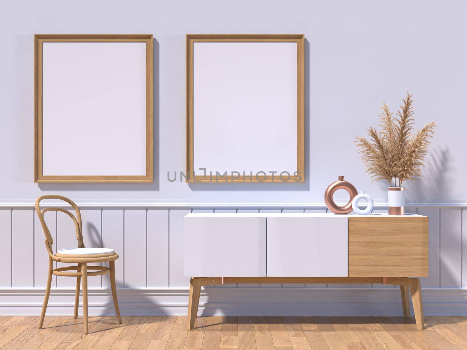 Mock up poster frames with wooden chair and dried plant in modern interior background 3D render 3D illustration