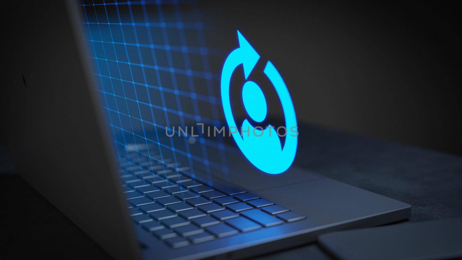 Refresh user data symbol glowing laptop connectivity concept 3D Render