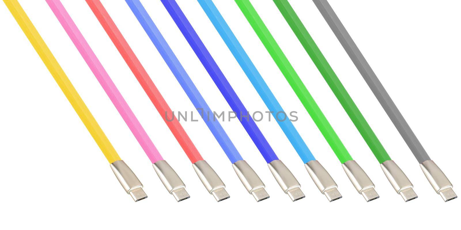 Cable and connector for USB, Type-C, Micro USB, Lightning on a white background, collage