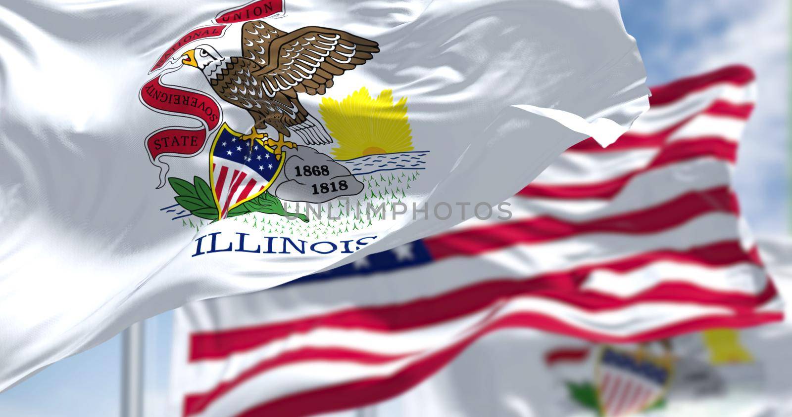 The Illinois state flag waving along with the national flag of the United States of America by rarrarorro