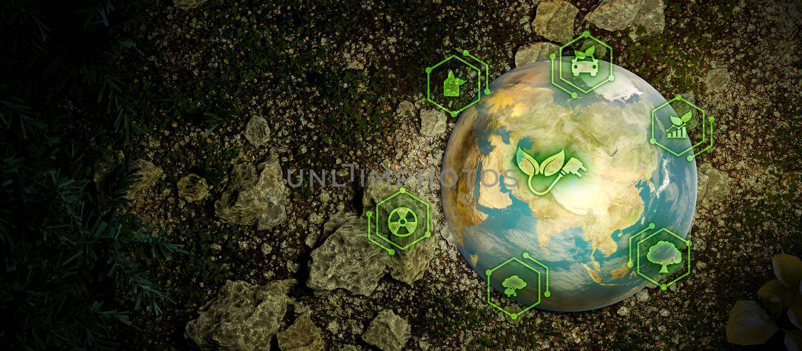 Eco Sustainability Globe Earth In Trees With ESG Icons Banner Background Some Elements or Textures From NASA 3D Illustration by yay_lmrb