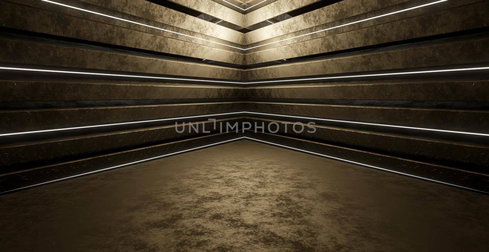 Futuristic Background Metallic Basement Underground Hall Spotlight Dark Background Wallpaper 3D Illustration