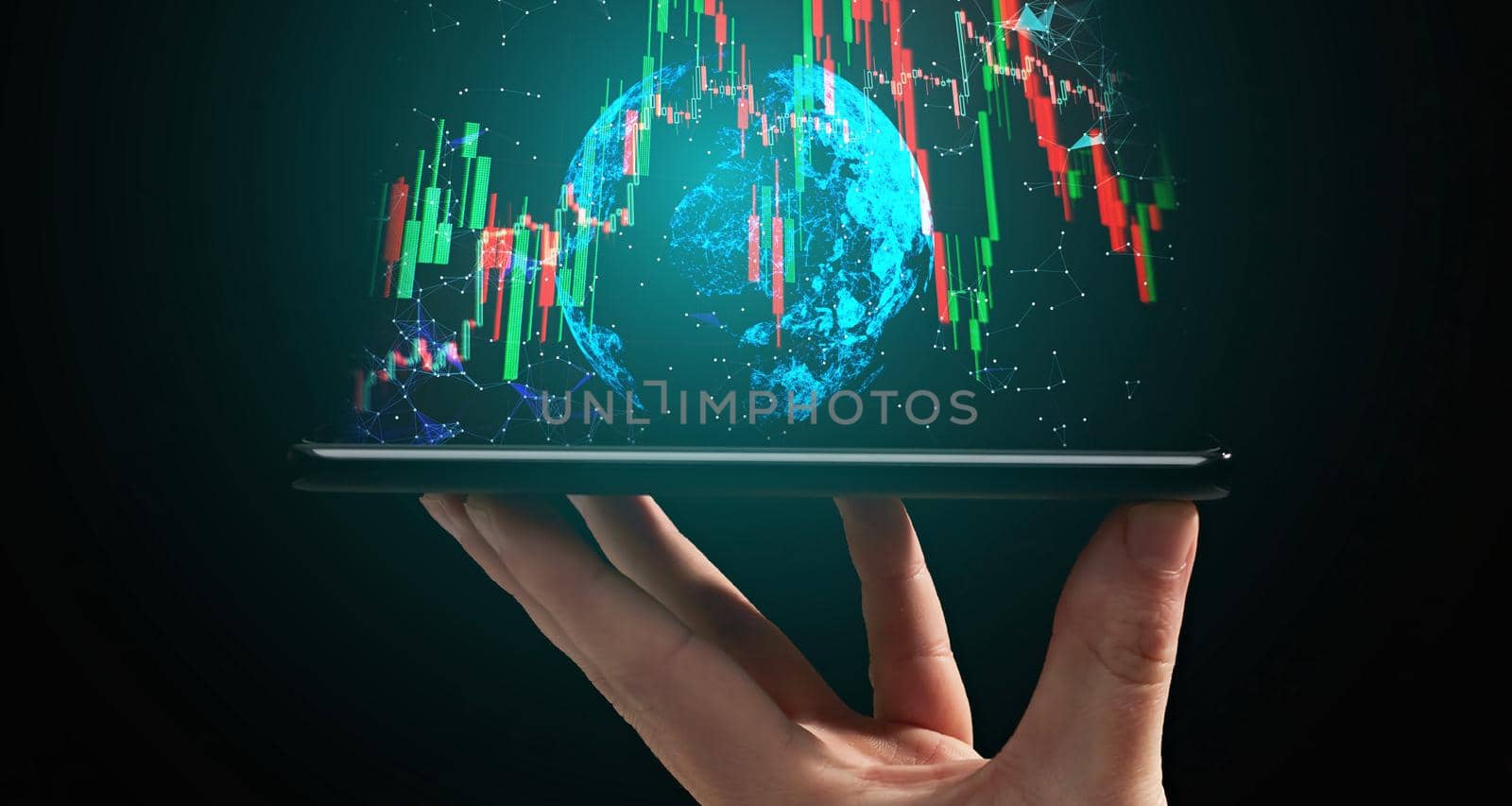 Stock market, Business growth, progress or success concept. Hand of Businessman or trader is showing a growing virtual hologram stock on smartphone by Maximusnd