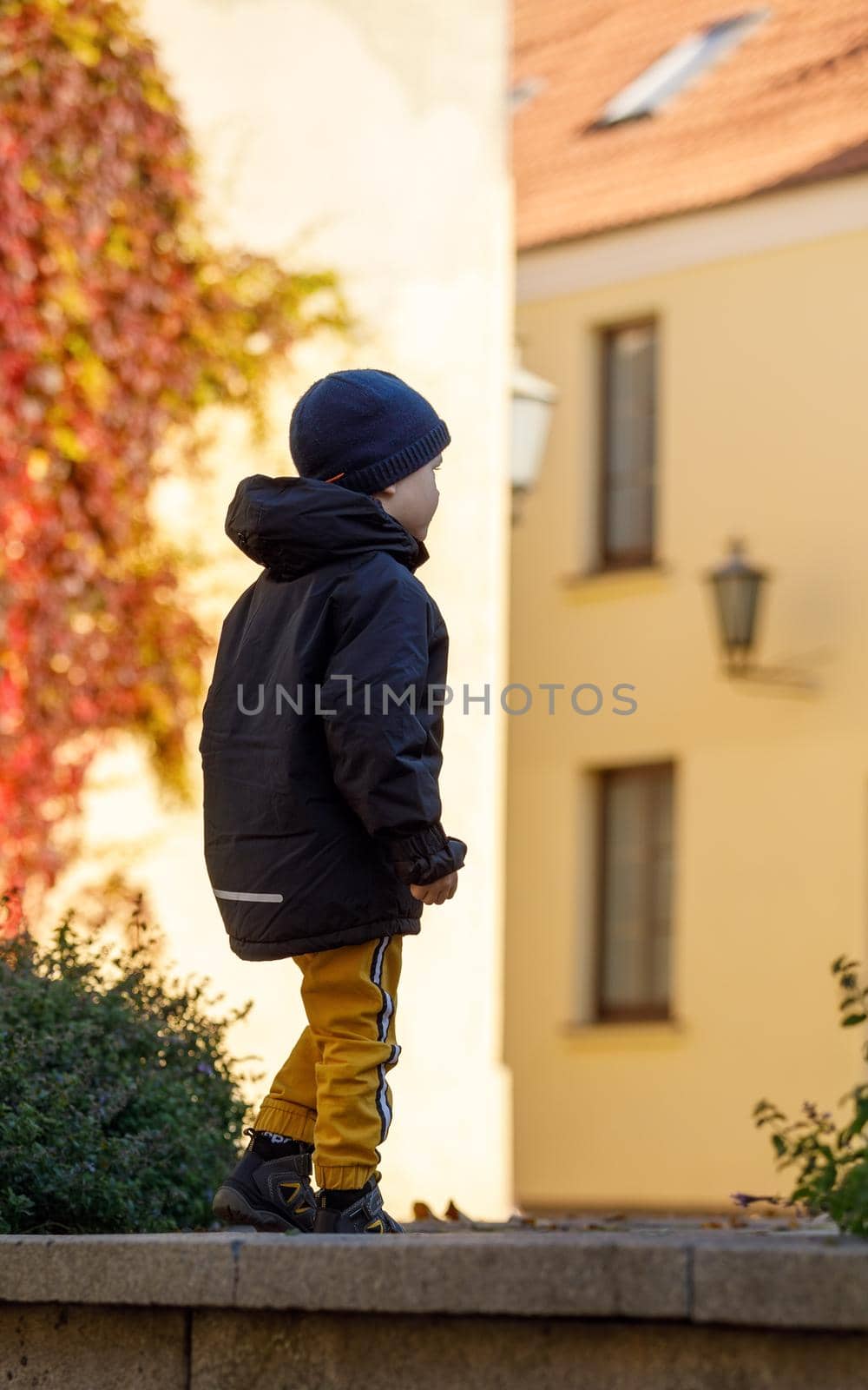 A little boy in a blue jacket and hat in the old town in the fall among the ancient buildings.
