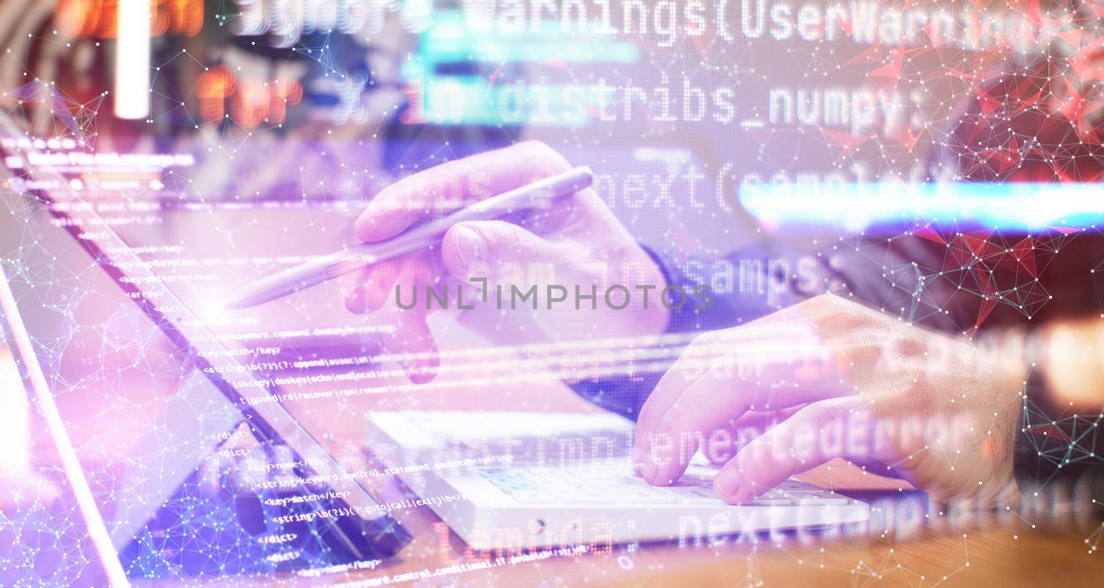 Businessman working with laptop computer on wooden desk in modern office . Programmers and cyber security technologies design.