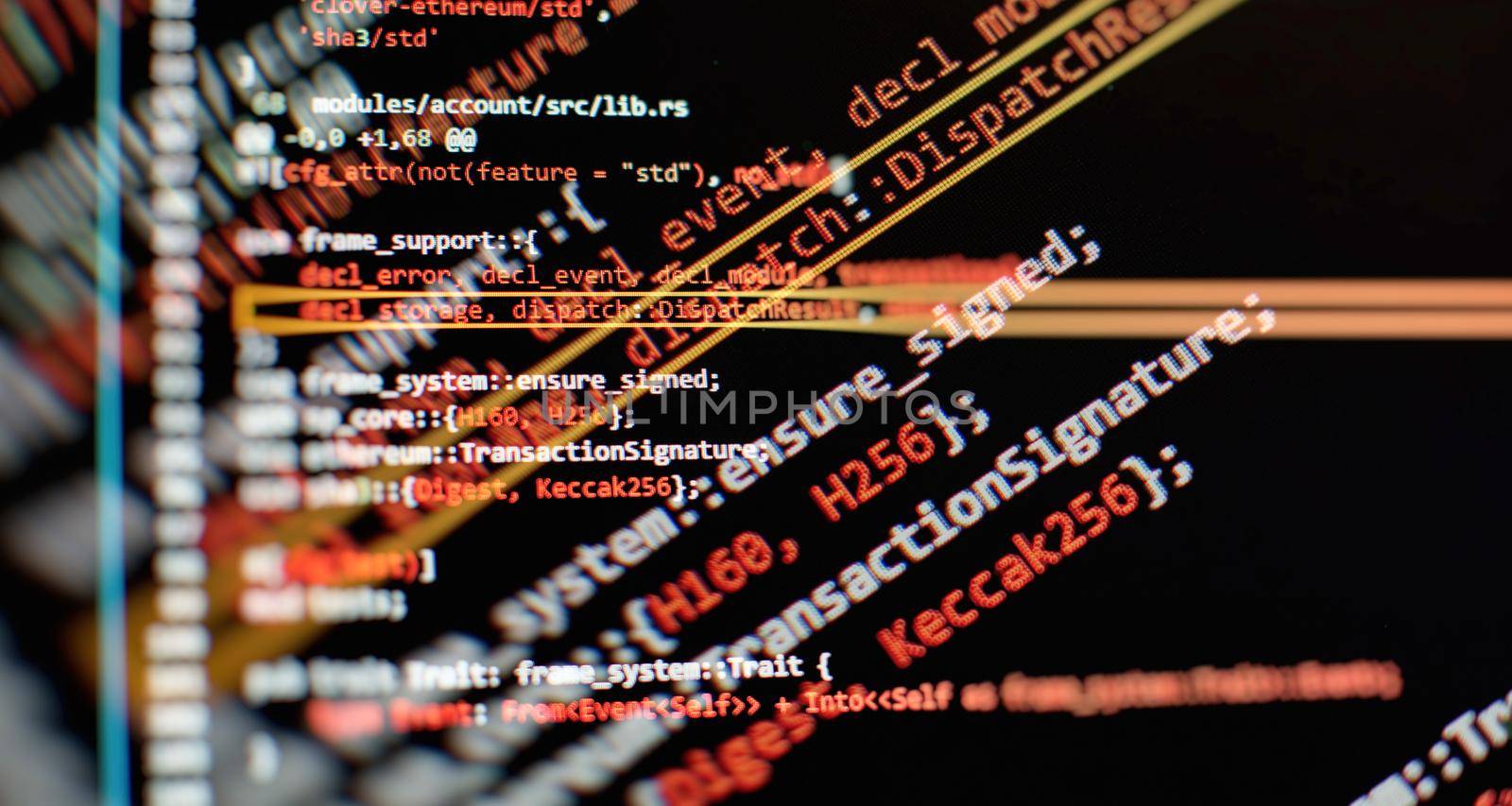 Writing programming functions on laptop. Big data and Internet of things trend. Software development. Internet security hacke