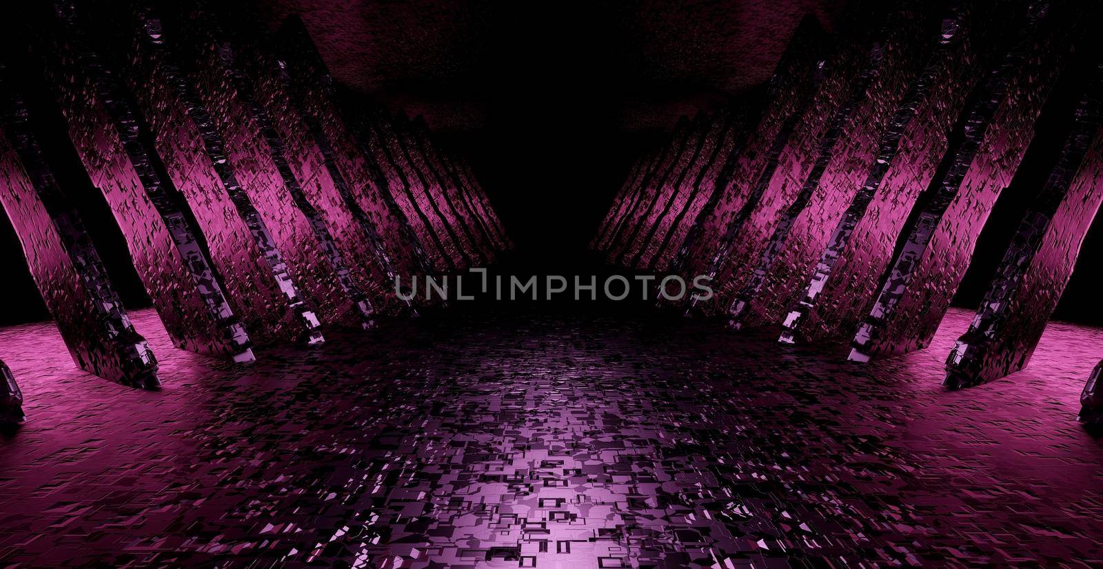 SciFi Modern Basement Underground Hall Dark Silver Gray Banner Wallpaper For Product Backgrounds Presentation 3D Rendering