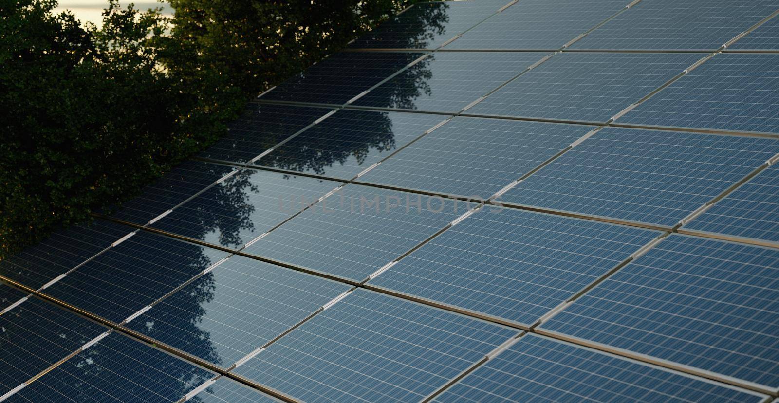 solar panels or photovoltaic plant the roof with some visible trees 3d render by yay_lmrb