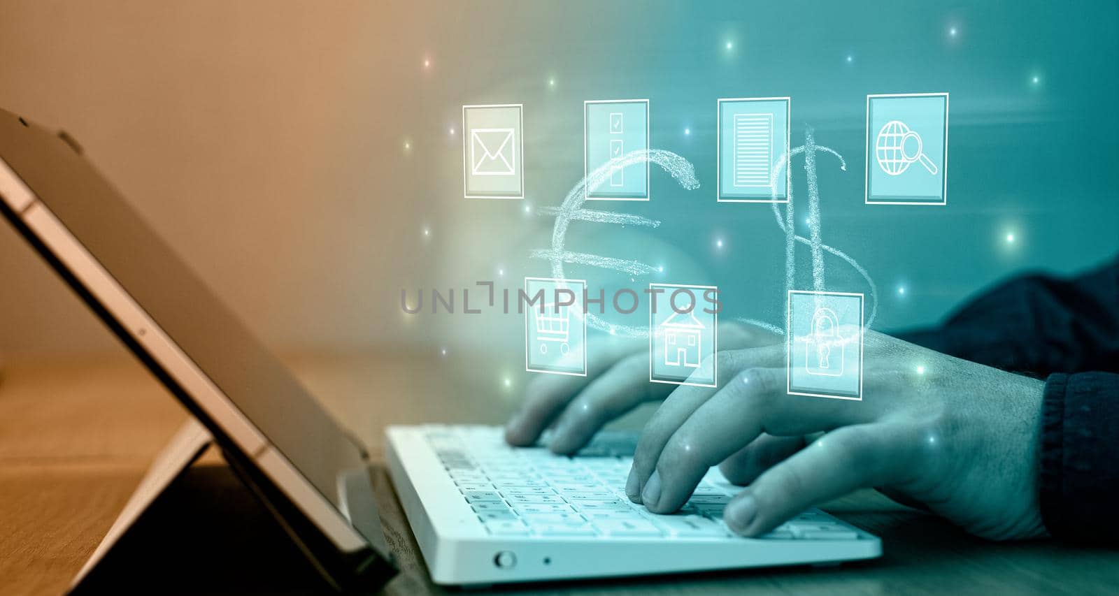 Businessman using computer laptop  for trading forex exchange and money transfer by use technology concept.