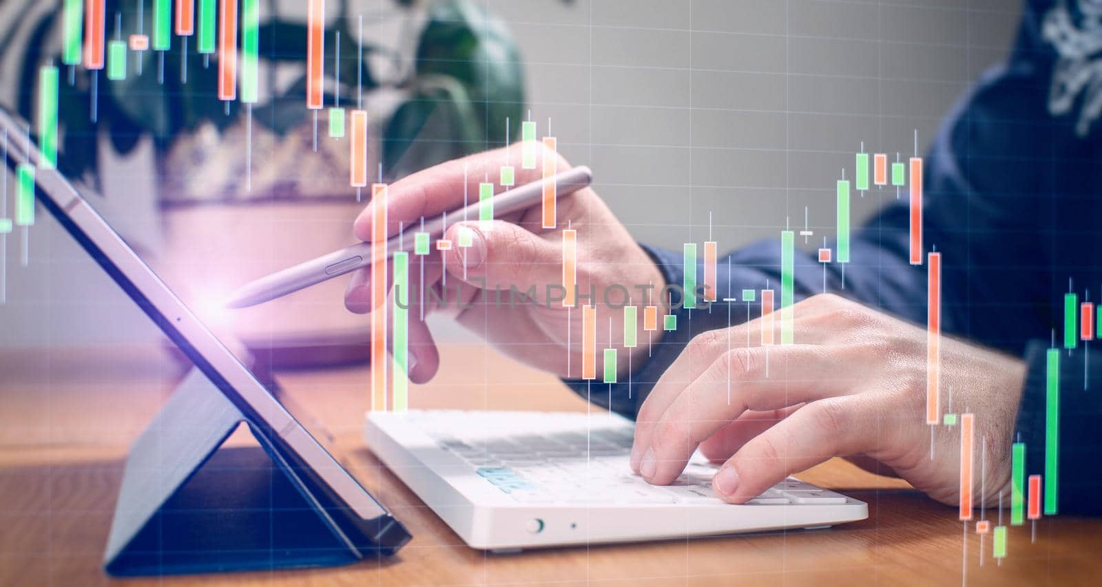 Businessman using computer laptop  for trading forex exchange and money transfer by use technology concept.