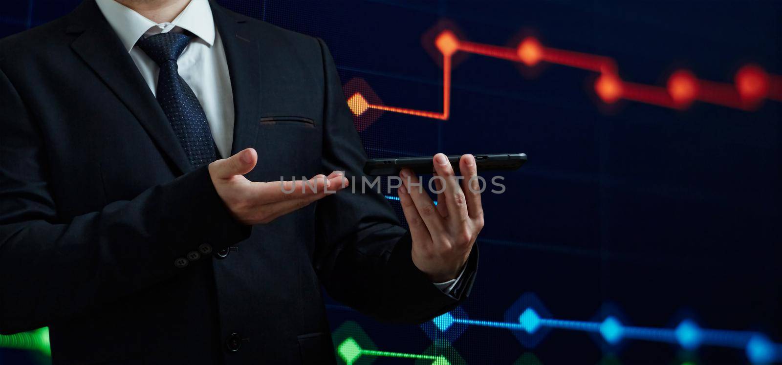 Stock market, Business growth, progress or success concept. Businessman or trader is showing a growing virtual hologram stock, invest in trading. by Maximusnd