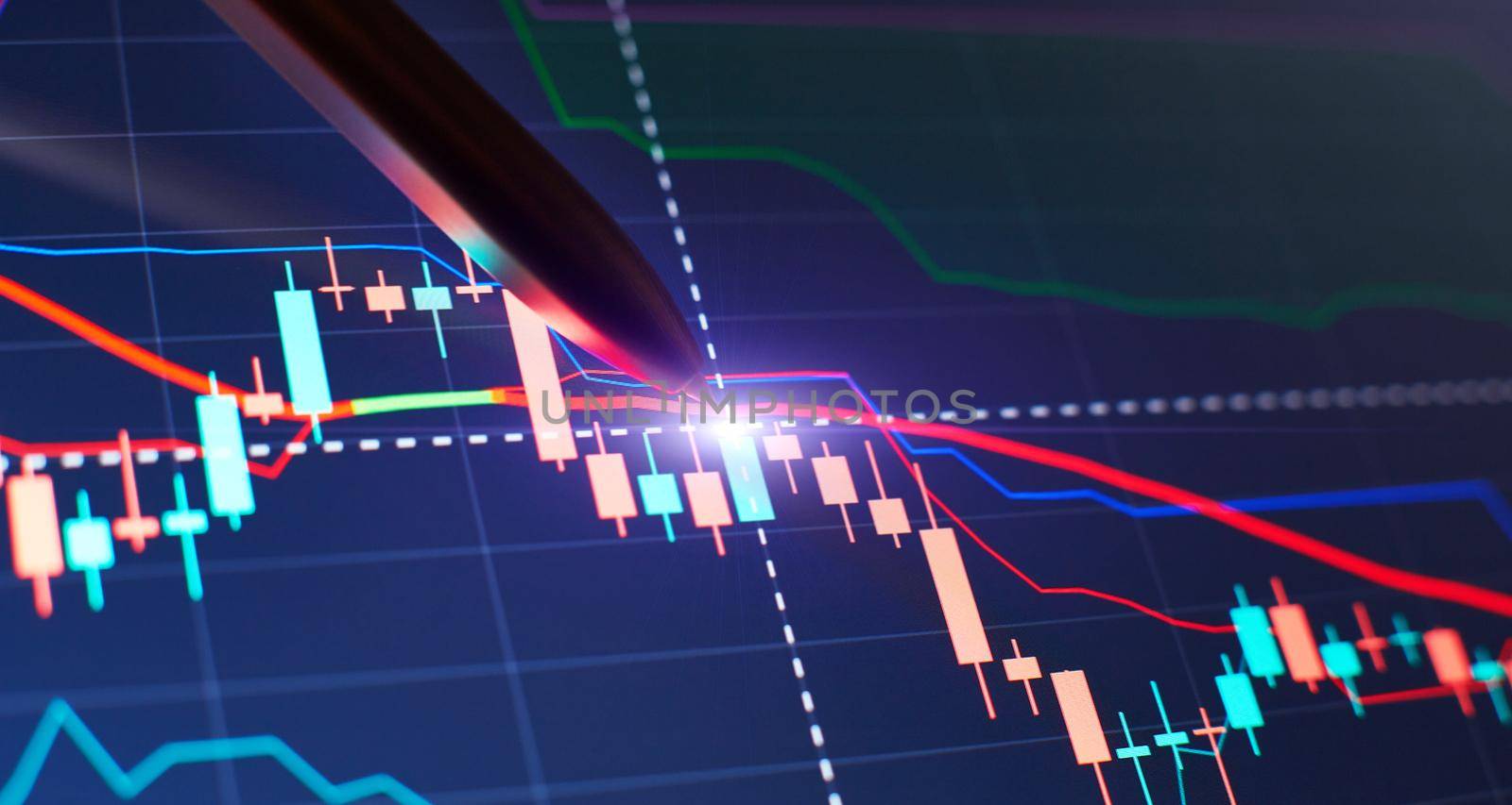 Price chart and pen indicator on screen, red and green candlestick chart on blue screen theme, market volatility, uptrend and downtrend.
