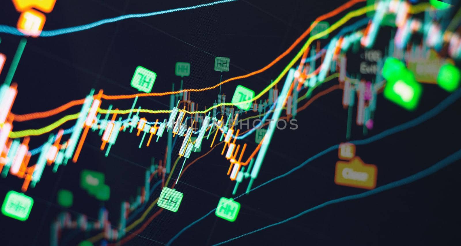 Financial statistic analysis on dark background with growing financial charts. Stock analyzing. Price chart bars.